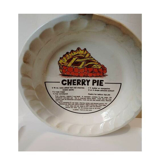 Vintage Cherry Pie Dish Ceramic 10" w/ Recipe - Picture 1 of 3
